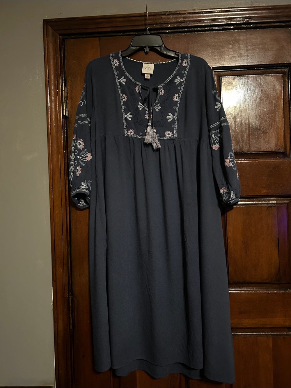 Knox Rose Navy Embroidered Midi Dress with Tassel Tie